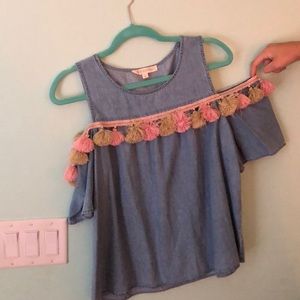 Blue open shoulder top with Pom poms
